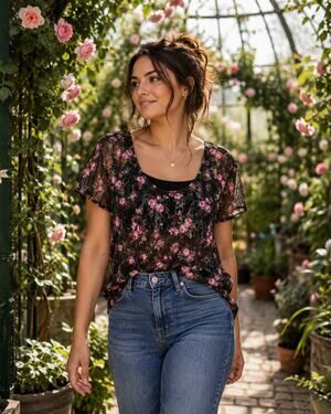 Delia's Black Floral Lace Overlay Top Pink Roses Sheer Short Sleeve Medium
